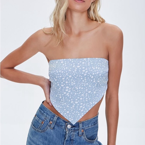 Forever 21 Tops - Forever 21 Dusty Blue Ivory Spotted Satin Scarf Crop Top Open Back Bow Tie Small